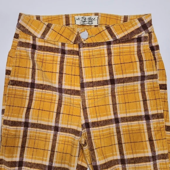 Free People Just Float On Wide Flare Bell Bottom Corduroy Pants Mustard Plaid 26 - Picture 4 of 16